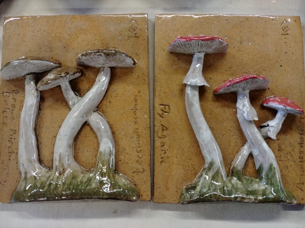 Ceramic tiles, underglaze, mushrooms, Fly agaric, Birch boletes
