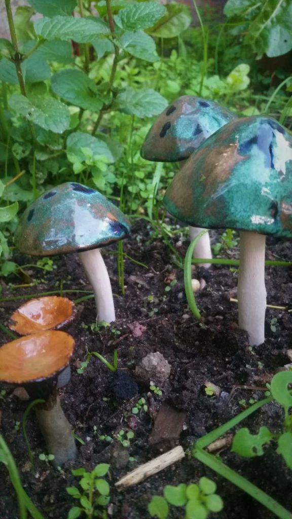 Mushroom sculptures, fantasy mushrooms, garden ecosystems
