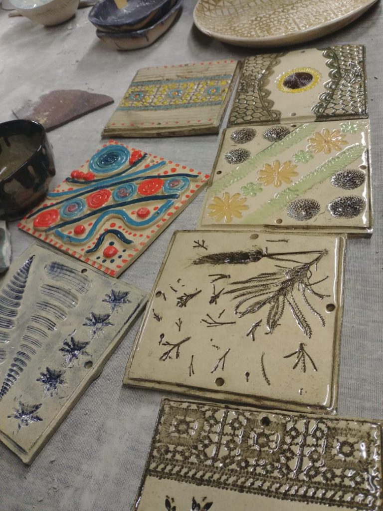 Ceramic tiles, underglaze, oxide washed, transparent glaze